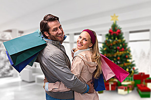 合成效果,图像,微笑,情侣,购物袋,搂抱,家,圣诞树