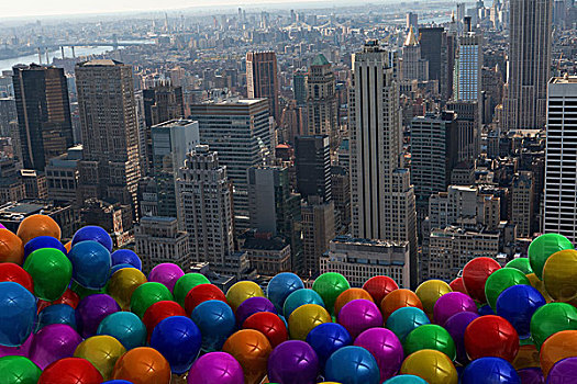 许多,彩色,气球,高处,城市