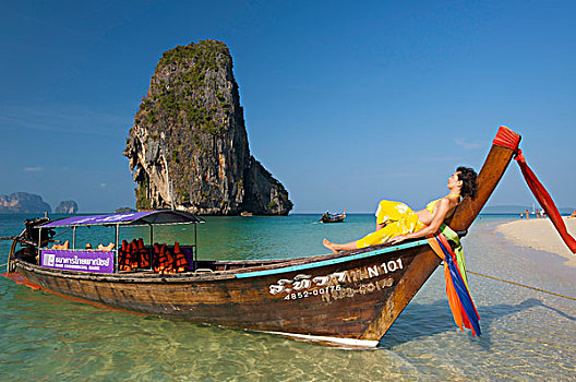 女人,船,海滩,甲米,泰国,亚洲