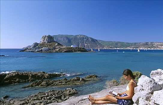 女人,海滩,背影,多德卡尼斯群岛,希腊,欧洲