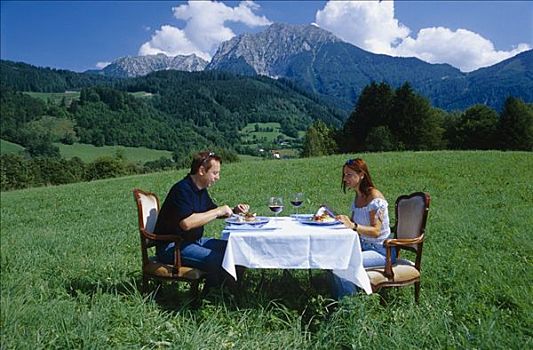 伴侣,吃,成套餐具,草地,正面,山,上奥地利州,欧洲