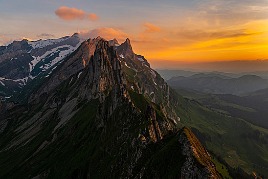 山丘,日落,阿彭策尔,瑞士,欧洲
