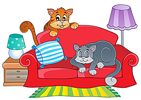 红色,沙发,两个,卡通,猫