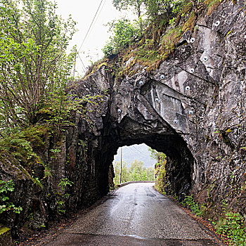 路湿,隧道,石头,悬崖,卑尔根,挪威