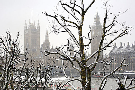 英格兰,伦敦,伦敦南岸,议会大厦,泰晤士河,河,堤,下雪