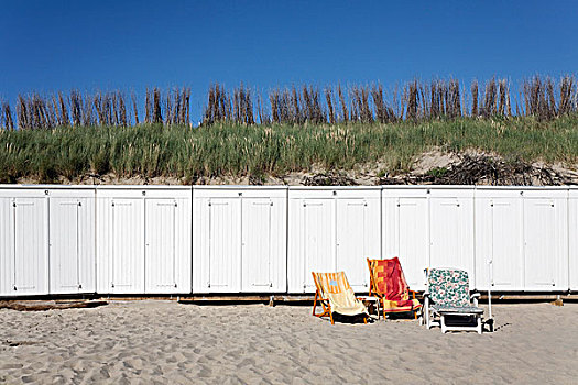 三个,太阳椅,毛巾,正面,白色,海滩,小屋,韦斯特克白拉,半岛,省,荷兰,荷比卢,欧洲