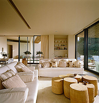 客厅,白色,沙发,茶几,原木,正面,平台,窗户