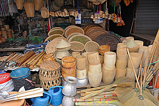 木质,罐,稻米,货摊,市场,老挝,东南亚,亚洲