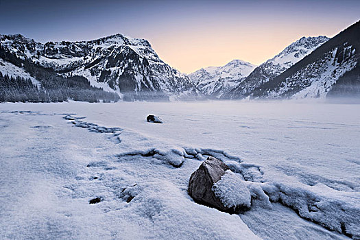 阿尔卑斯山,山,冰,冬天,雪,石头,湖岸,冰冻,雾,晚间,寒冷
