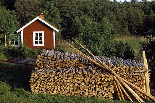 瑞典,红色,木屋,木柴,堆