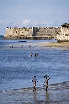 海滩,向上,牢固,墙壁,保护,尖,莫桑比克