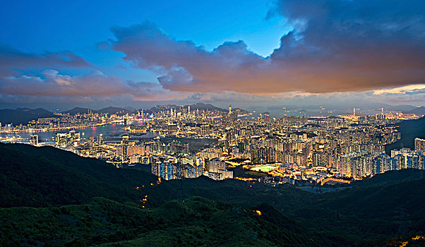 风景,九龙,城市,香港,光亮,摩天大楼,黄昏