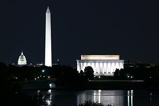 美国,华盛顿,华盛顿特区,林肯纪念馆,华盛顿纪念碑,国会大厦建筑,夜晚
