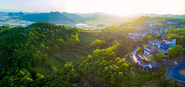 航拍,全景,村庄,山路,海涂,阳光