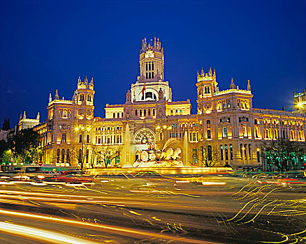 西贝列斯广场,光亮,夜晚,马德里,西班牙,欧洲