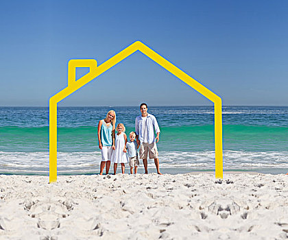 家庭,姿势,黄色,房子,插画,海滩