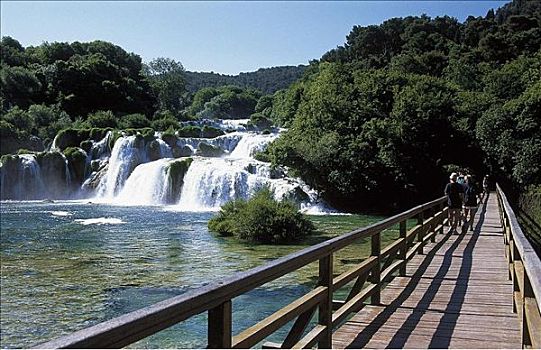瀑布,木桥,达尔马提亚,克罗地亚,欧洲