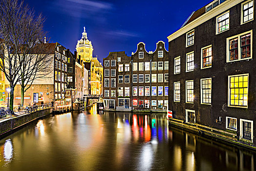 历史名城,阿姆斯特丹,荷兰,夜晚