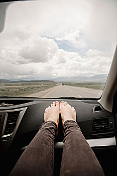 女人,汽车,赤脚,仪表板,风景,前途