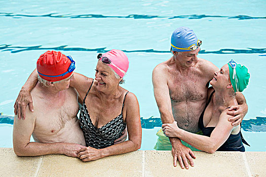 高兴,老年,夫妻,享受,游泳池,俯拍