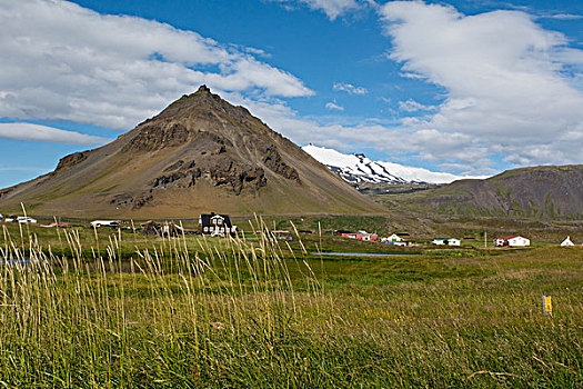 冰岛,西部,韦斯特兰德,斯奈山半岛,小,渔村,脚,山,冰河,远景