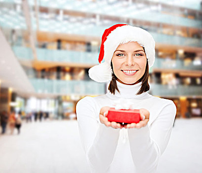 圣诞节,冬天,高兴,休假,人,概念,微笑,女人,圣诞老人,帽子,小,红色,礼盒,上方,购物中心,背景