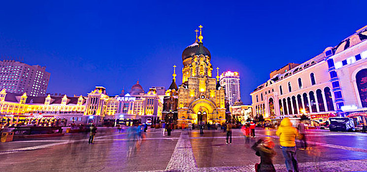 索非尔教堂,广场,晚上,城市,黑龙江,哈尔滨