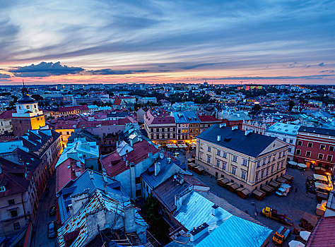市场,广场,黄昏,俯视图,老城,卢布林,波兰,欧洲