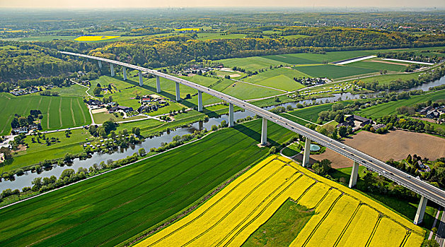山谷,桥,上方,高速公路,黄色,油菜地,鲁尔区,北莱茵威斯特伐利亚,德国,欧洲