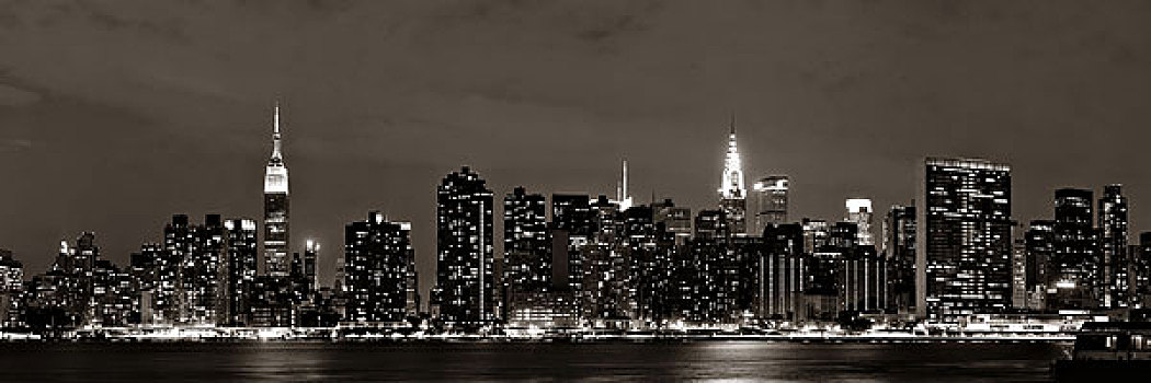 曼哈顿中城,天际线,黄昏,全景,上方,东河