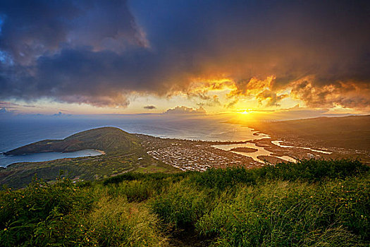 航拍,恐龙湾,钻石海岬,日落,上面,头部,火山口,瓦胡岛,夏威夷,美国