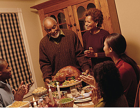 爷爷,火鸡,感恩节,晚餐,桌子