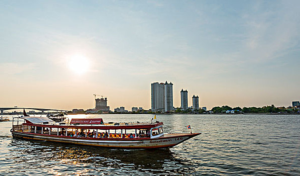 游船,湄南河,摩天大楼,后面,曼谷,泰国,亚洲