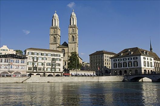 利马特河,正面,双子塔,罗马式大教堂,教堂,象征,城市,苏黎世,瑞士,欧洲