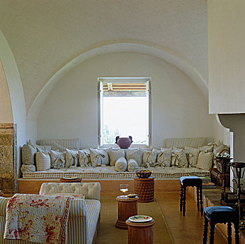 软长椅,条纹,垫子,建造,凹室,刷白,客厅