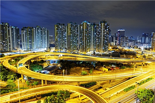 航拍,城市,高架路,夜晚,香港