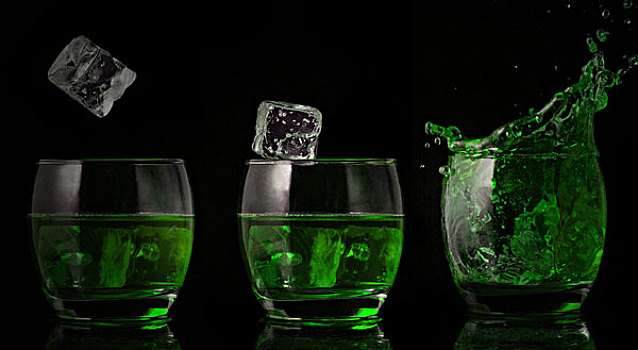 序列,安放,冰,落下,玻璃,绿色,液体,黑色背景,背景