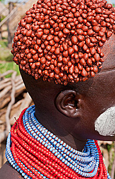 埃塞俄比亚,乡村,奥莫低谷,卡罗部落,涂绘,脸,红色,紧,卷发,毛发
