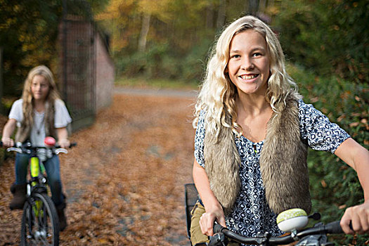 头像,两个,姐妹,骑自行车,秋天,公园