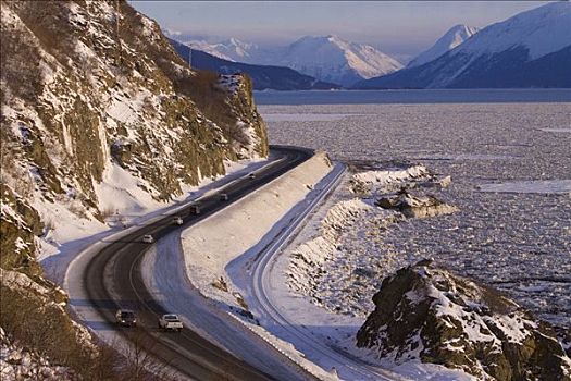 苏厄德公路,特纳甘湾,风吹,阿拉斯加,冬天