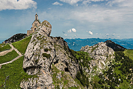 教堂,山,山峦,巴伐利亚阿尔卑斯山,上巴伐利亚,巴伐利亚,德国,欧洲