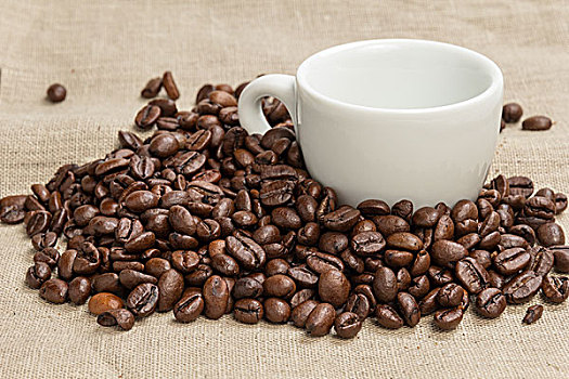 堆积,咖啡豆,粗麻布,杯子,咖啡