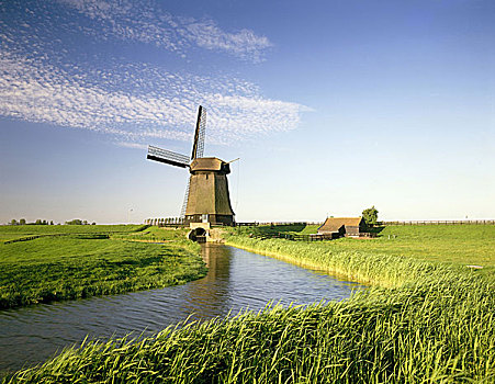 荷兰,圩田,风景,阿克马镇,运河,风车