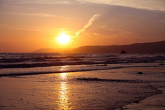 日落,上方,海滩,海岸,加利福尼亚,美国