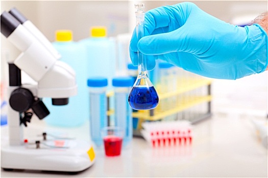 长颈瓶,蓝色,液体,科学实验室,研究