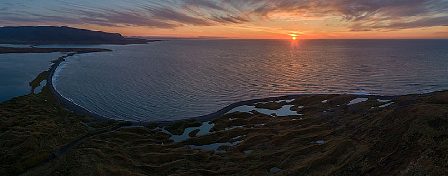 日落,俯视,海洋,湖,湾,靠近,落下,北方,冰岛,欧洲