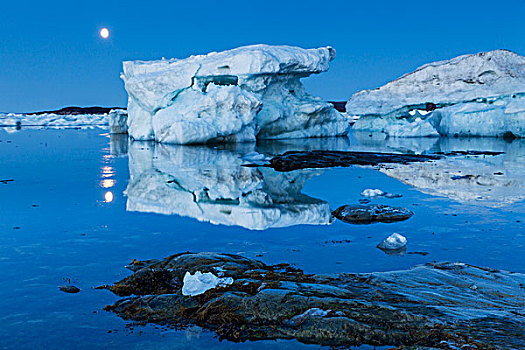 加拿大,努纳武特,领土,月出,地点,融化,冰山,冰冻,海峡,北方,哈得逊湾,靠近,北极圈