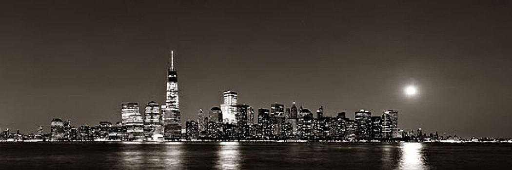 纽约,夜晚,城市,建筑,月亮