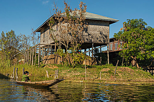 缅甸,掸邦,茵莱湖,传统,漂浮,房子