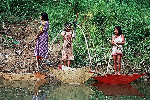 孩子,抓住,鱼,湖,自制,网,孟加拉,2007年